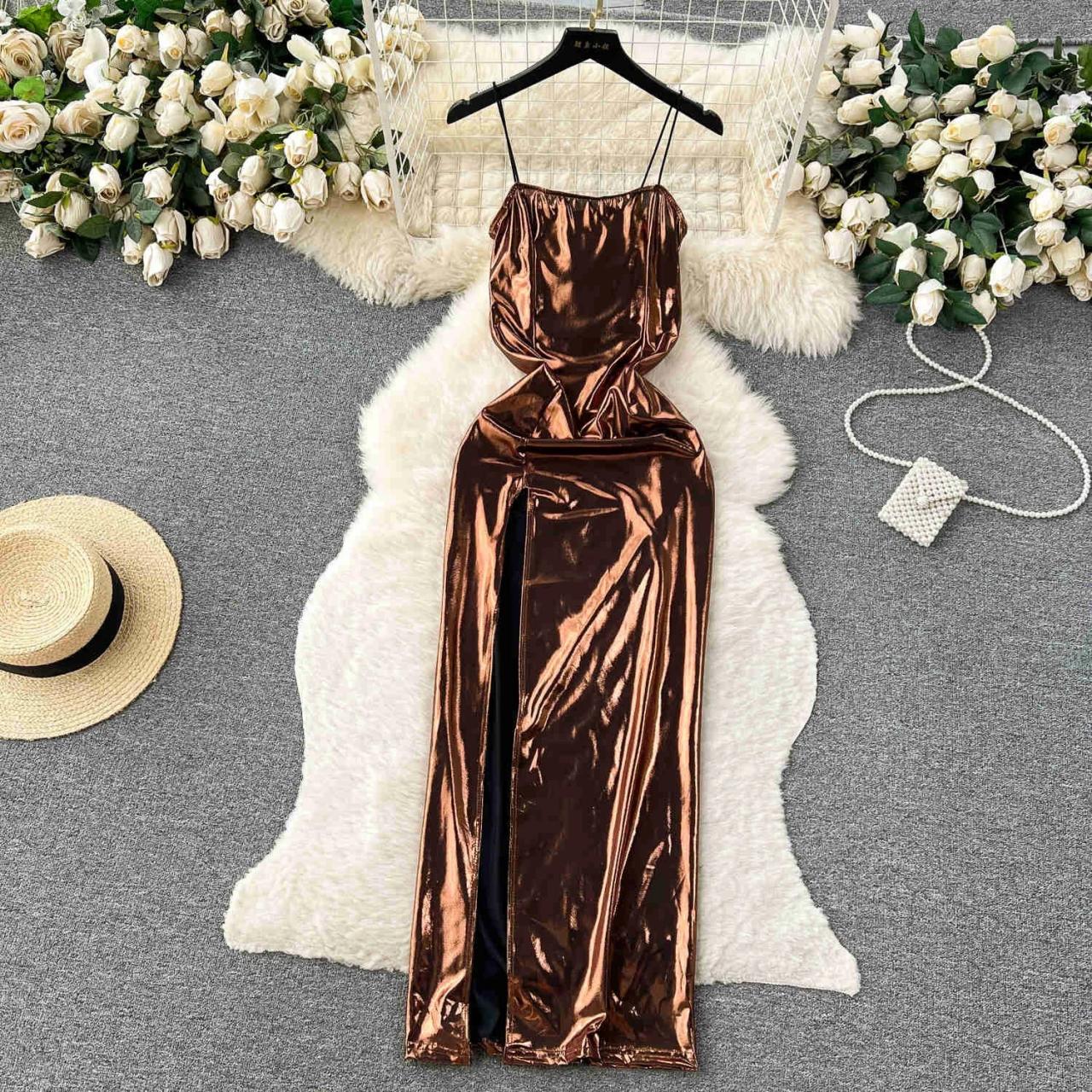 knee length dresses for ladies Rina Metallic Asymmetrical Maxi Dress Copper / Xs by Sugarlips