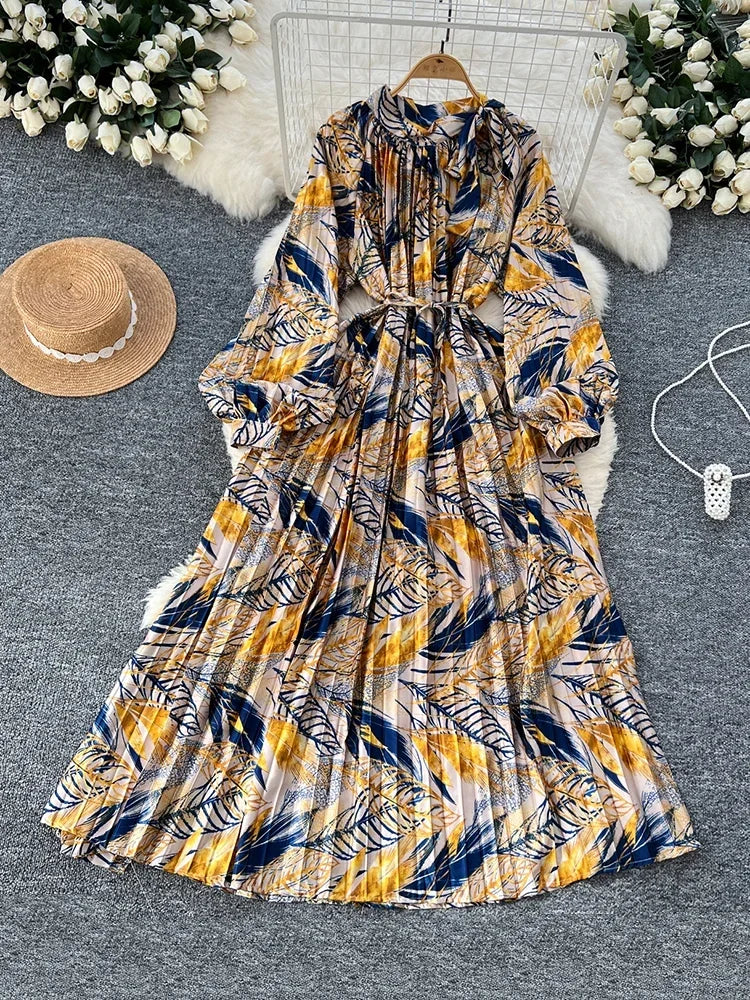 Autumn Leaf Print Long Sleeve Maxi Dress