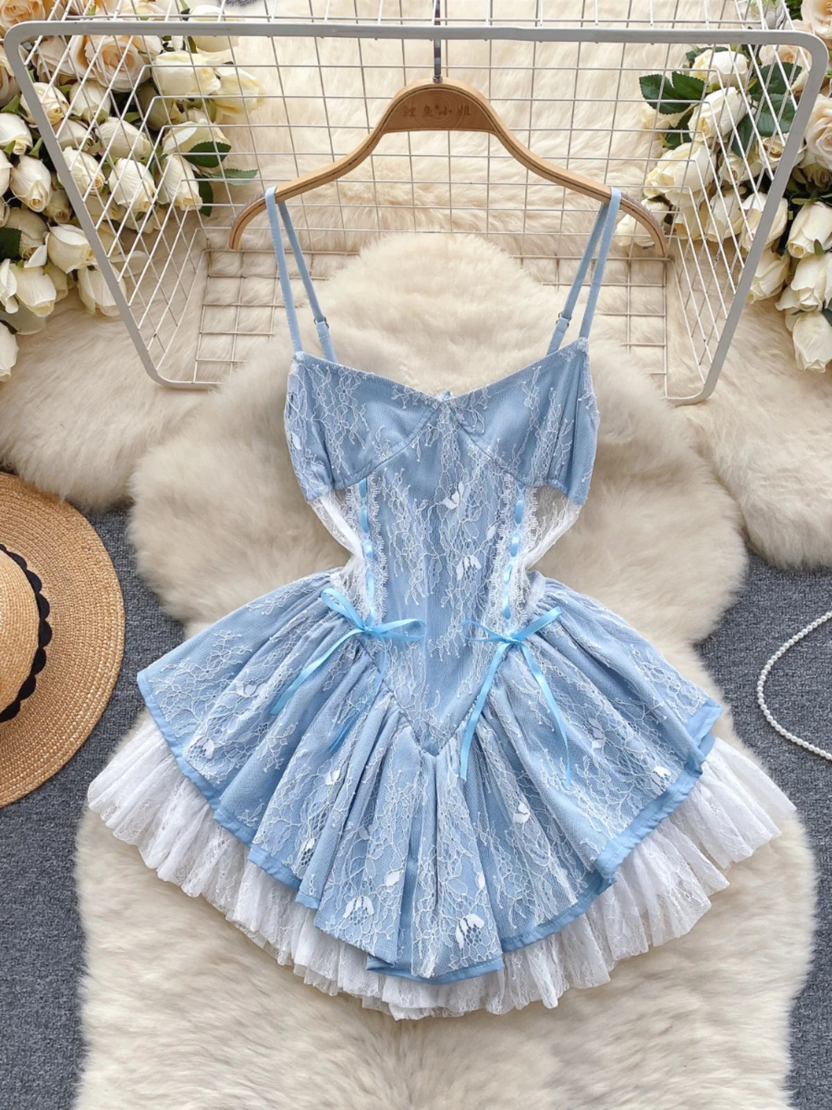 blue lace tiered dress Dusty Blue Tiered Floral Print Lace Waist Maxi Dress