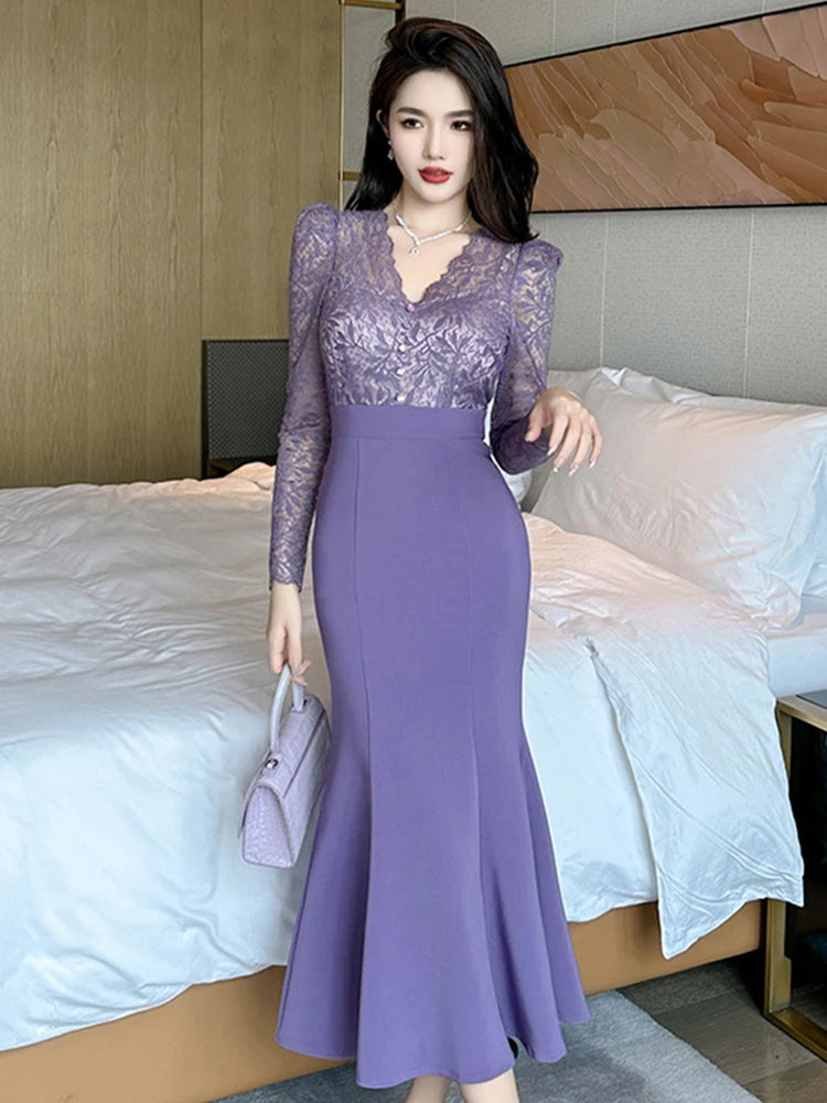 fitted lace wedding dress Purple Lace V-Neck Sequin Pageant Dress with Attached Train lpk901 –  SELINADRESS main image 1