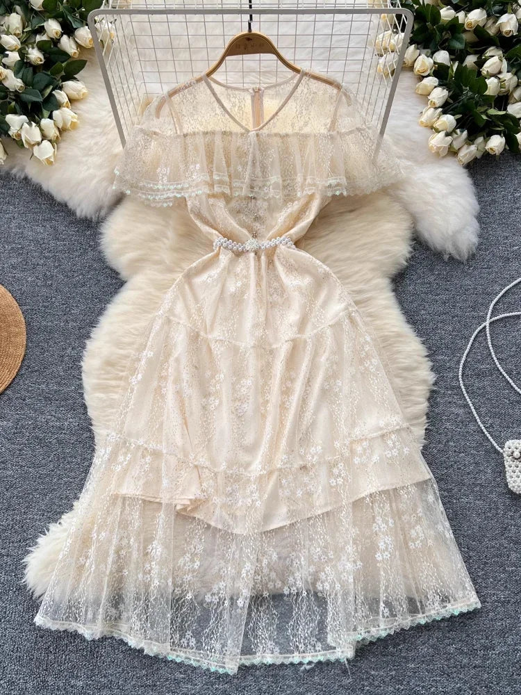 Lace Tiered Flowy Midi Dress With V-neck