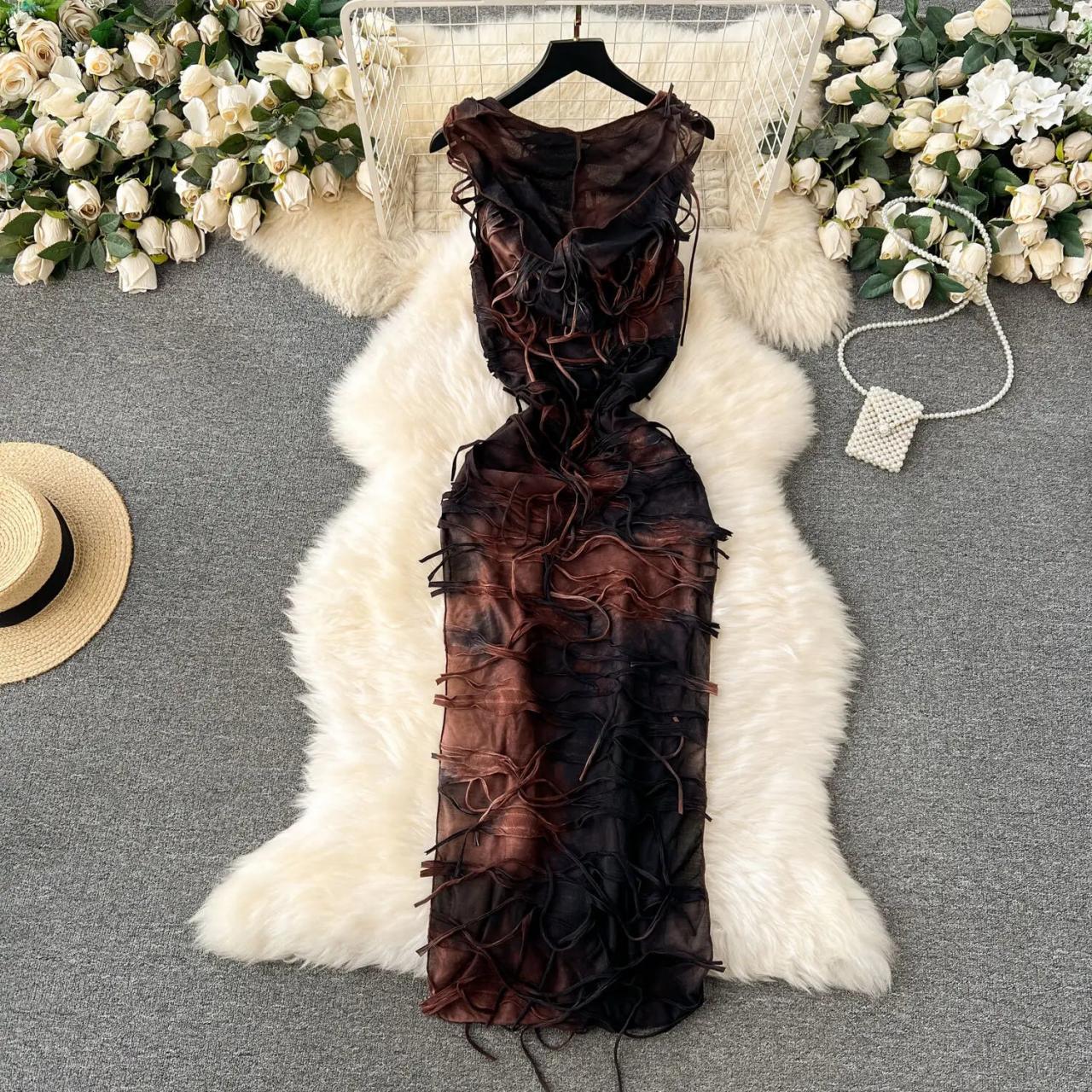 Sleeveless Tie-Dye Mesh Maxi Dress for Women