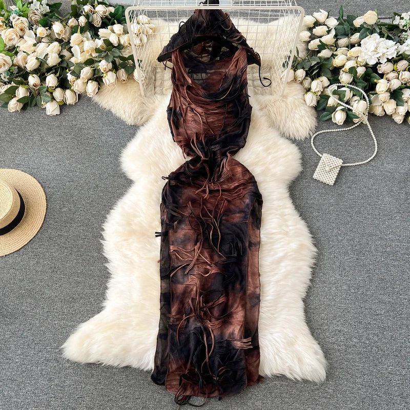 Sleeveless Tie-Dye Mesh Maxi Dress for Women