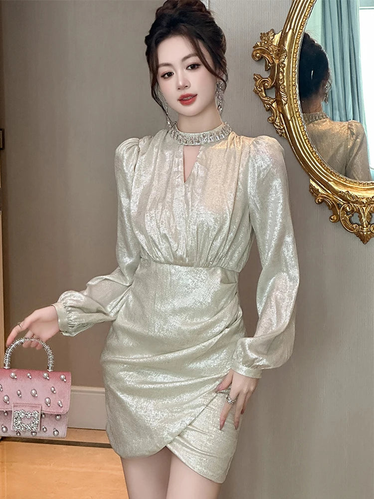 Shimmer Metallic Long Sleeve Party Mini Dress
