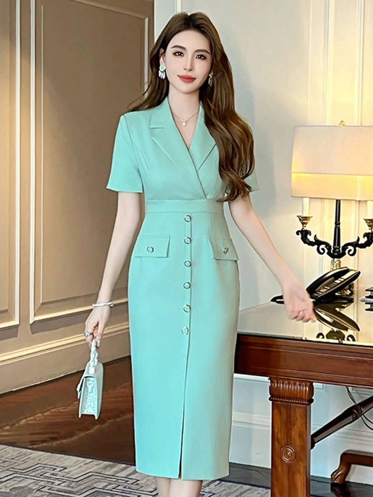 knee length dresses for ladies Short-Sleeve Faux-Wrap Midi Dress in Green main image 1