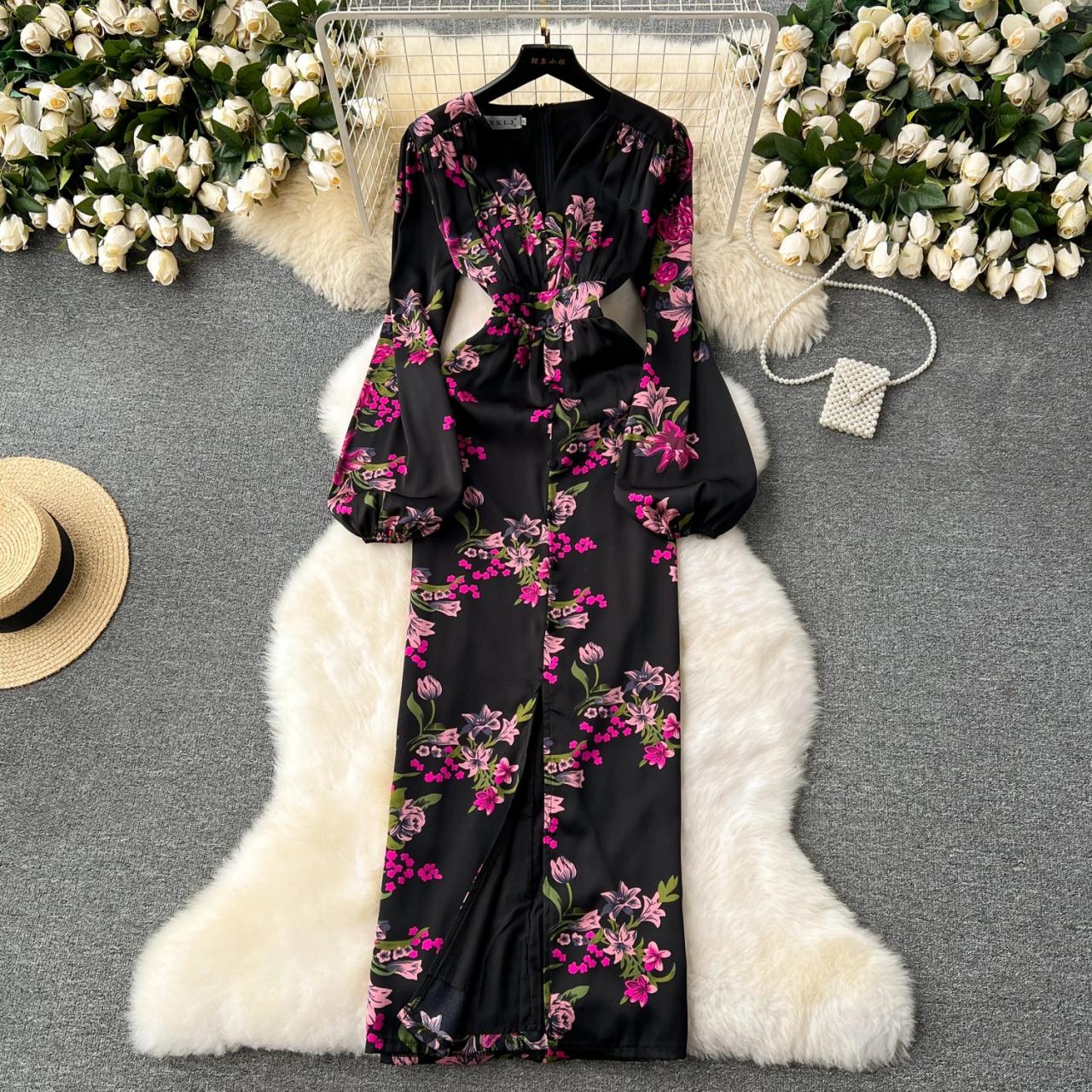 Floral Black Maxi Dress With Puff Sleeves