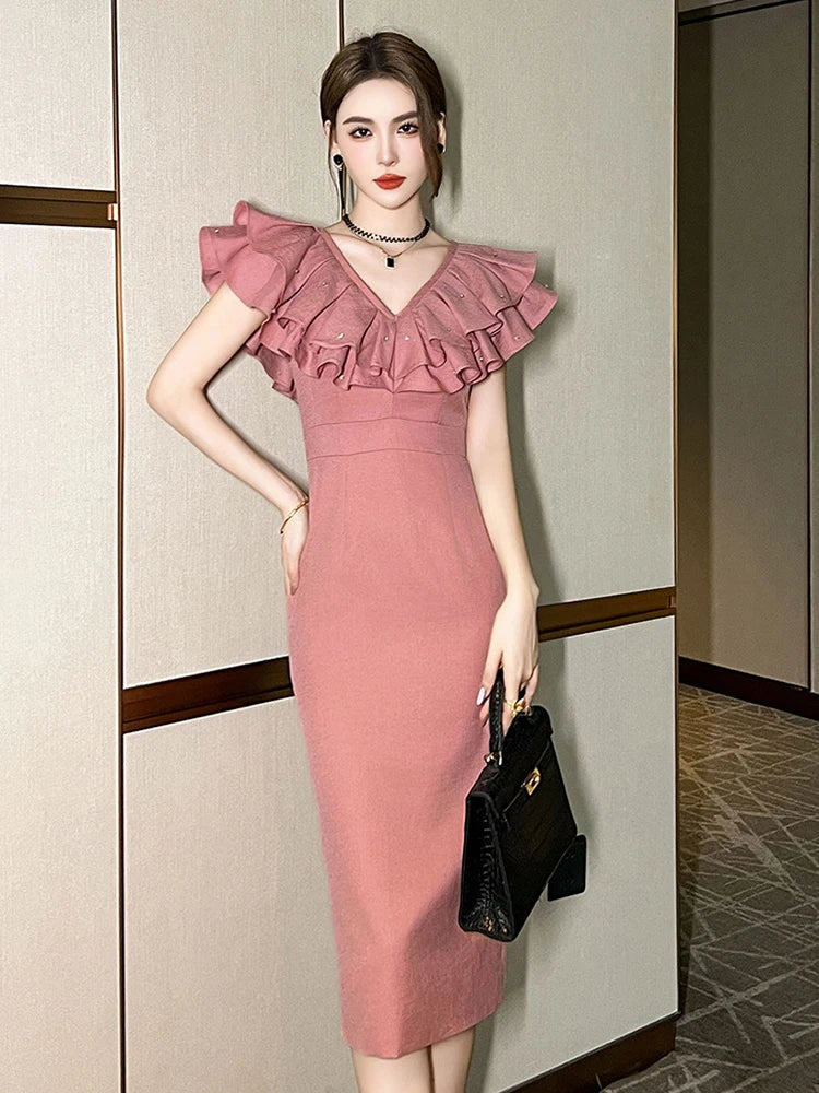 Ruffled V-neck Pink Midi Dress With Sleeves