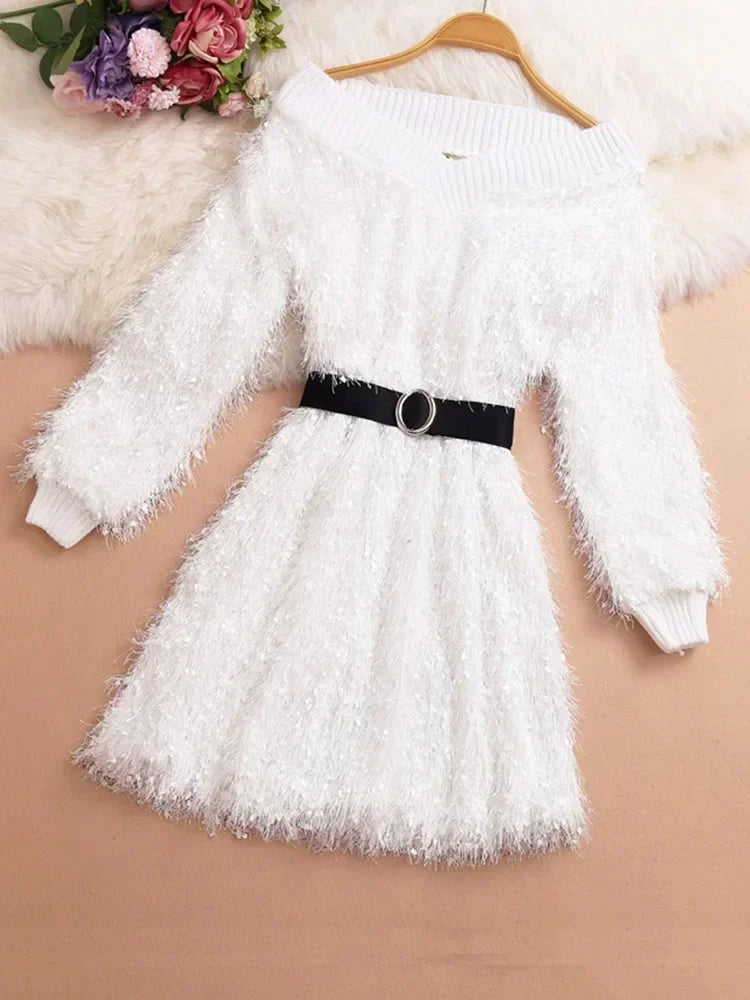 Off-shoulder Fuzzy Knit Dress With Belt on Luulla