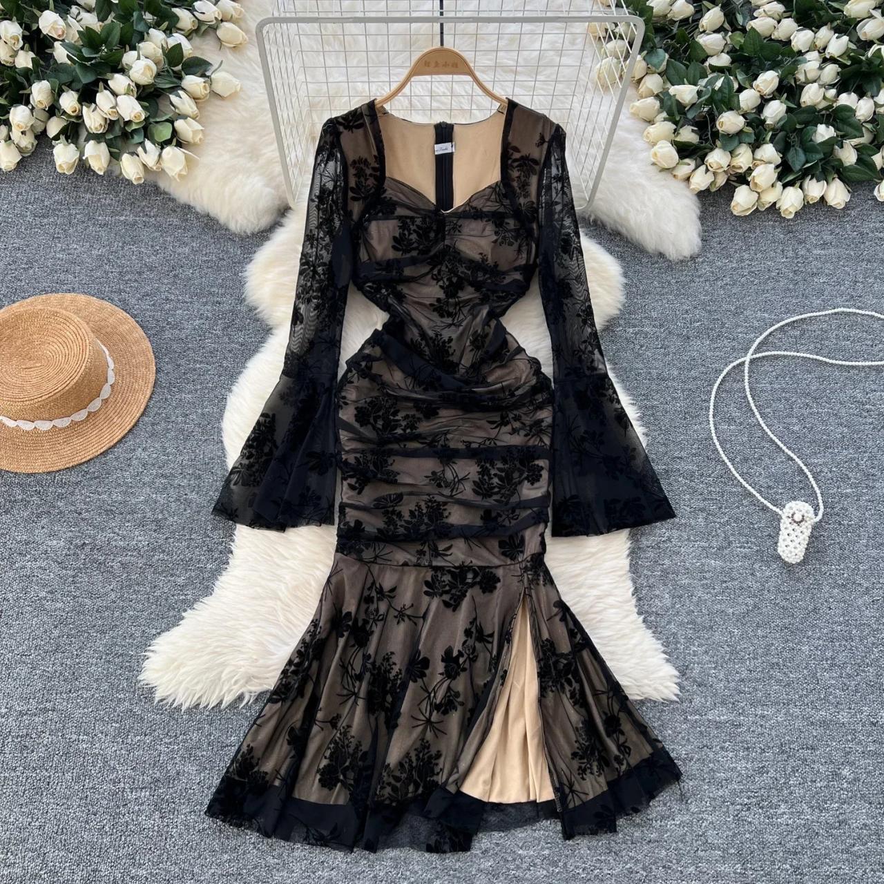 Floral Mesh Long Sleeve Maxi Dress Black on Luulla