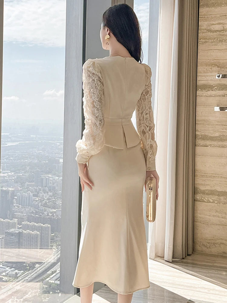peplum lace dresses with sleeves Ladivine CD789 Three Quarter Sleeve Peplum A-Line Dress