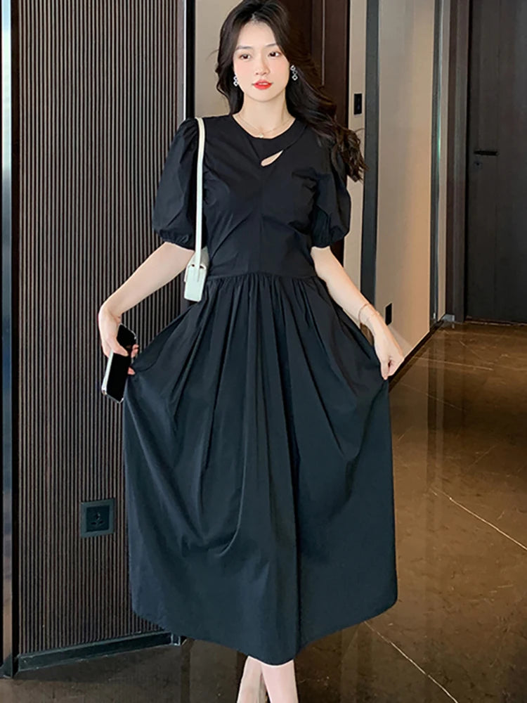Black Puff Sleeve Midi Dress with Pockets