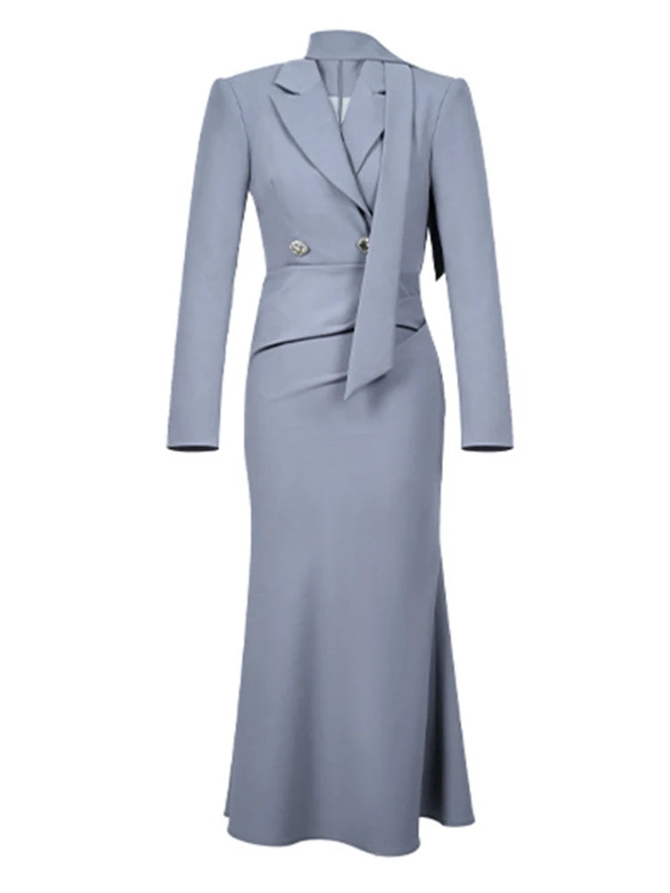 Formal Grey Long-sleeve Blazer Dress With Scarf on Luulla