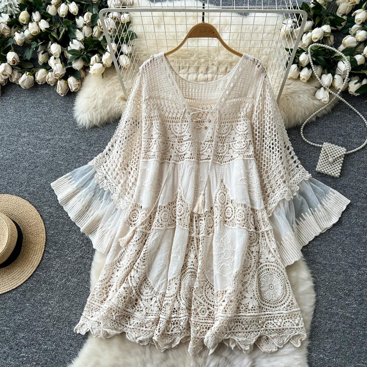 green emerald velvet dress Boho Crochet Lace Top w/ Flowy Bottom Dress – Two Sisters Boutique main image 0