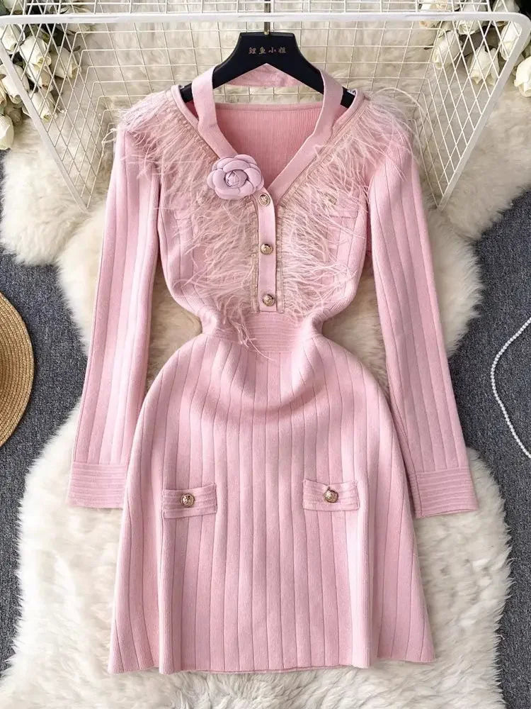 Pink Ribbed Knit Dress With Feather Detailing