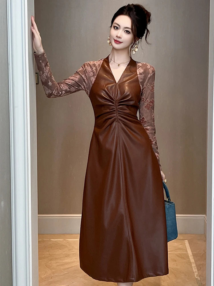 Sleek Brown Faux Leather Dress With Lace Sleeves on Luulla
