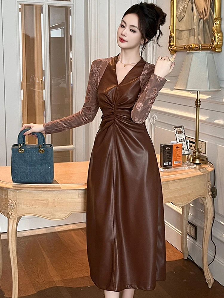 Sleek Brown Faux Leather Dress With Lace Sleeves on Luulla