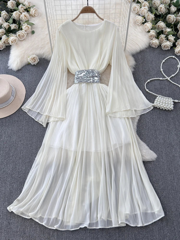 White Chiffon Dress With Sequined Waistband on Luulla