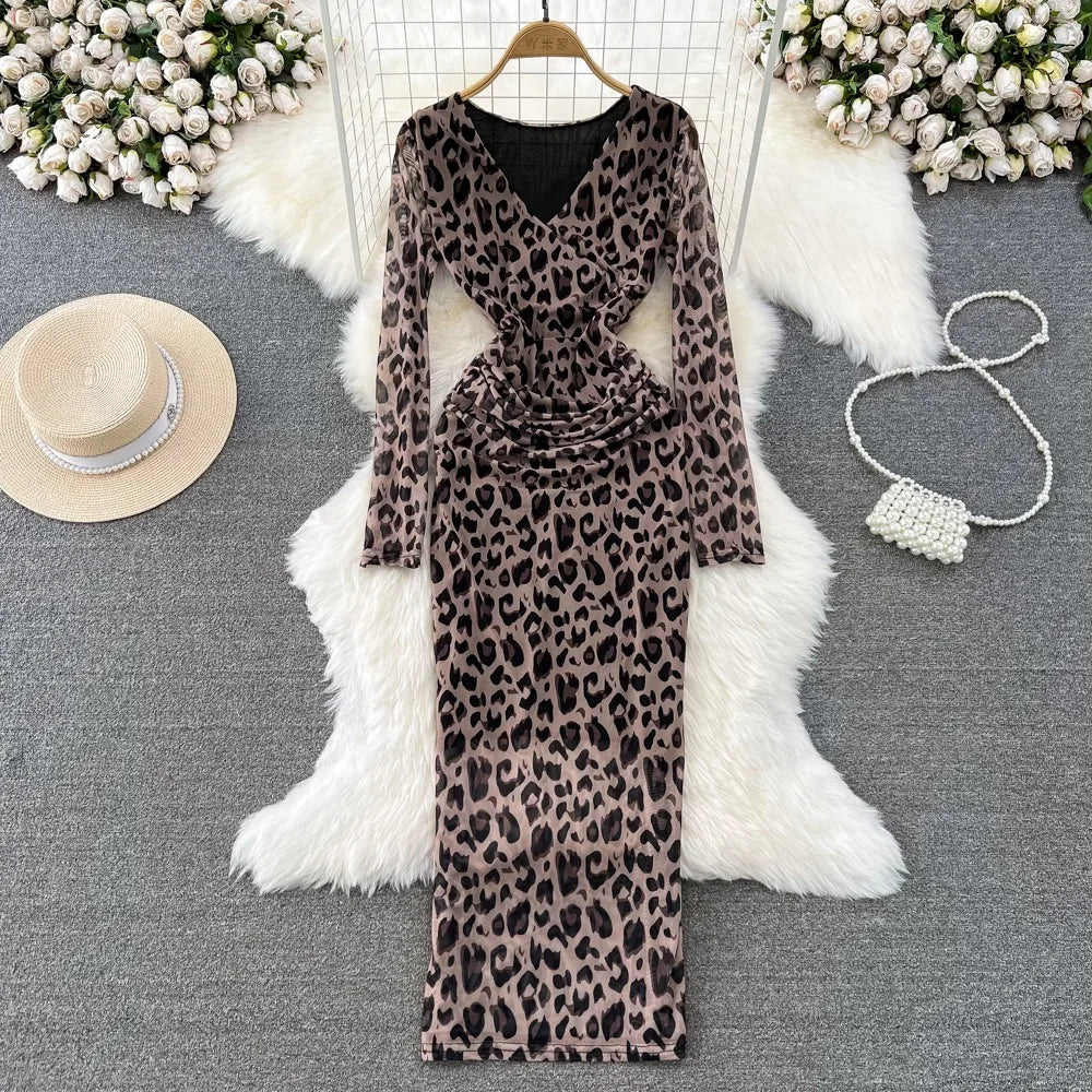 Animal Print Long Sleeve Ruched Bodycon Dress on Luulla