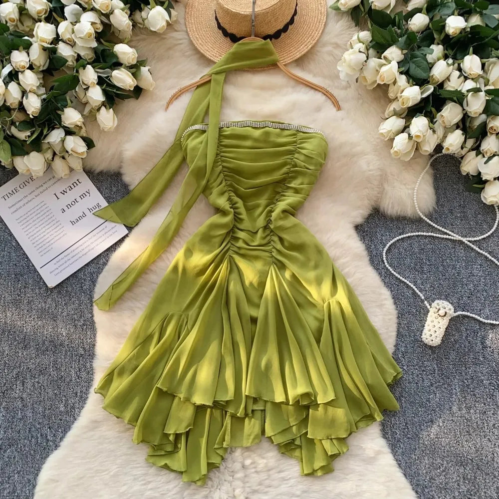 Strapless Green Ruched Layered Summer Cocktail Dress