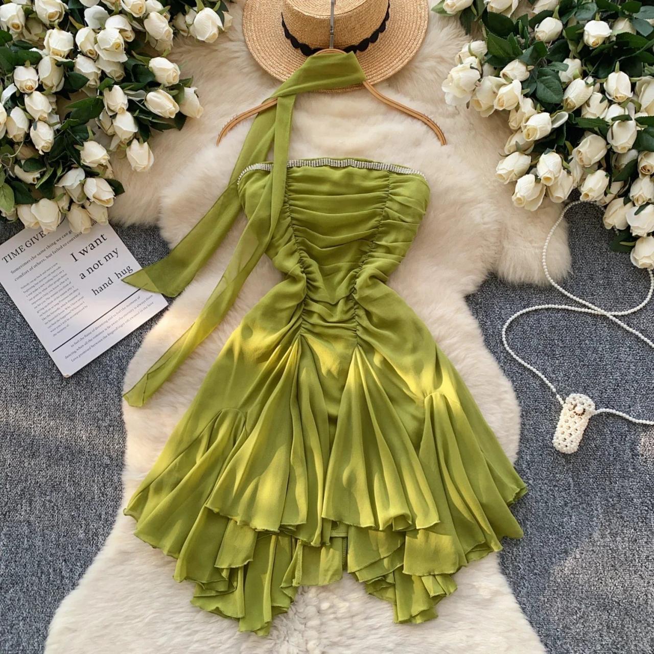 green emerald velvet dress Kelly Green Short Sleeves Ruched Drawstring Slit Maxi Dress Large