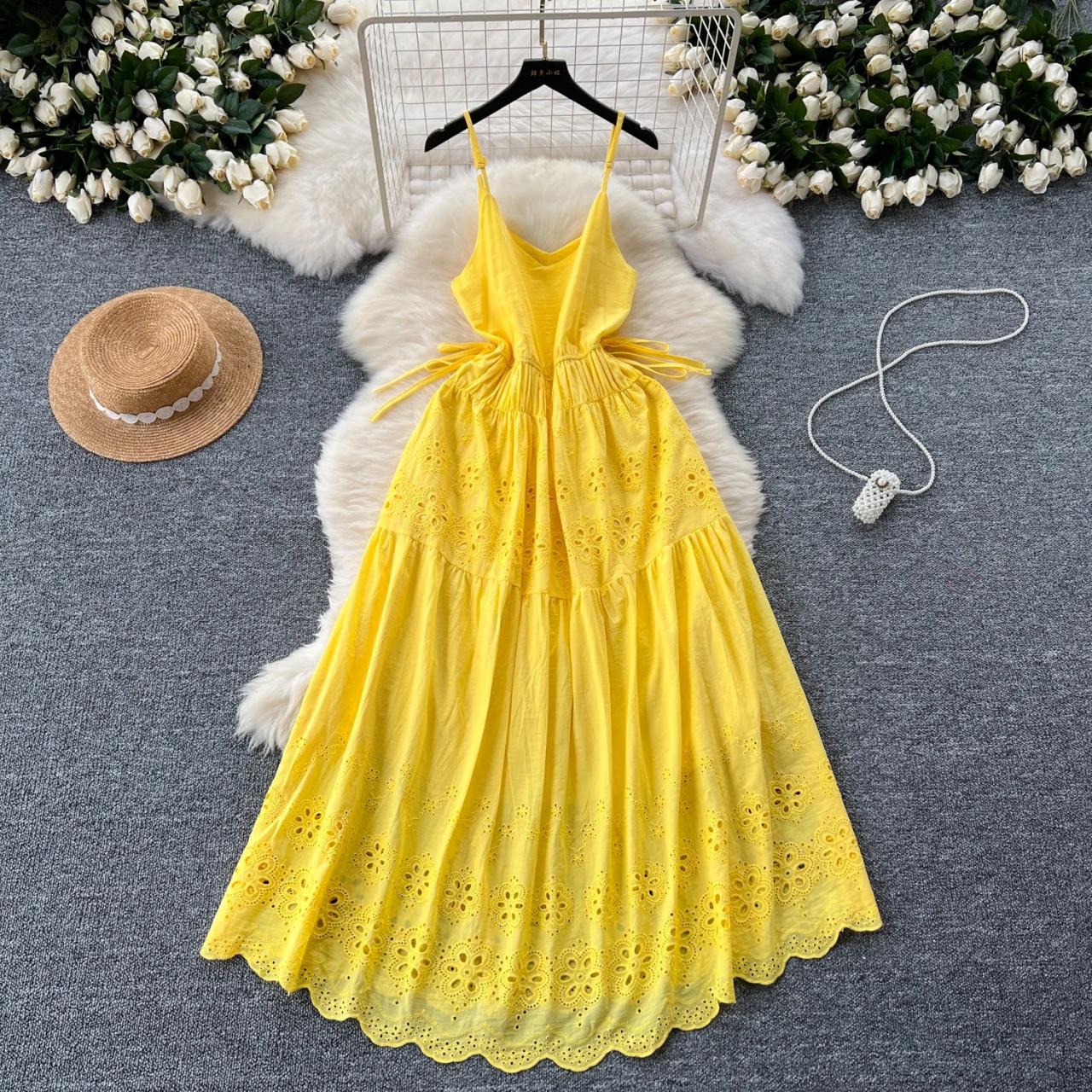 Yellow Floral Lace Maxi Dress With Drawstring