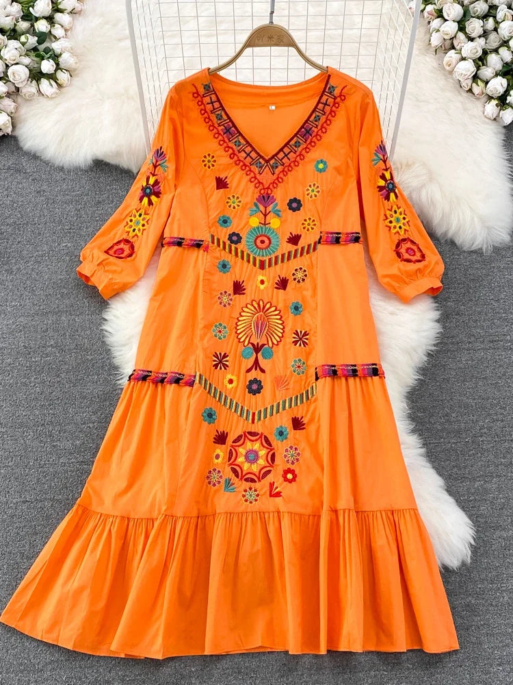 Vibrant Floral Embroidered Long Sleeve Orange Dress on Luulla