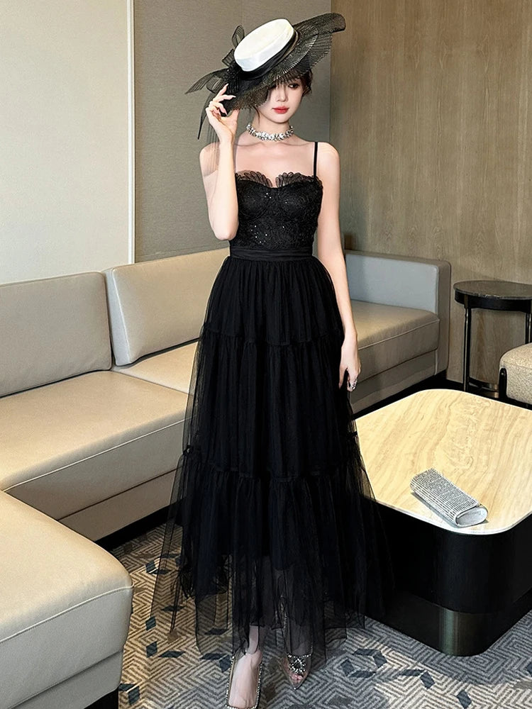 Black Lace Tiered Maxi Dress With Hat