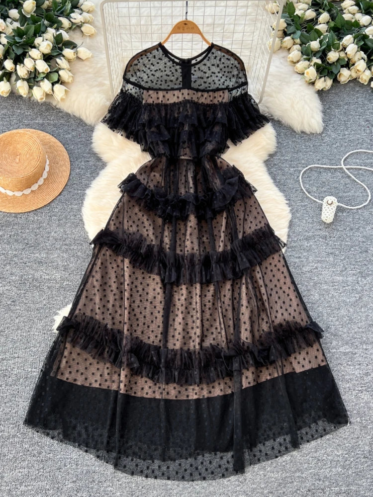 Black Sheer Polka Dot Ruffle Maxi Dress on Luulla