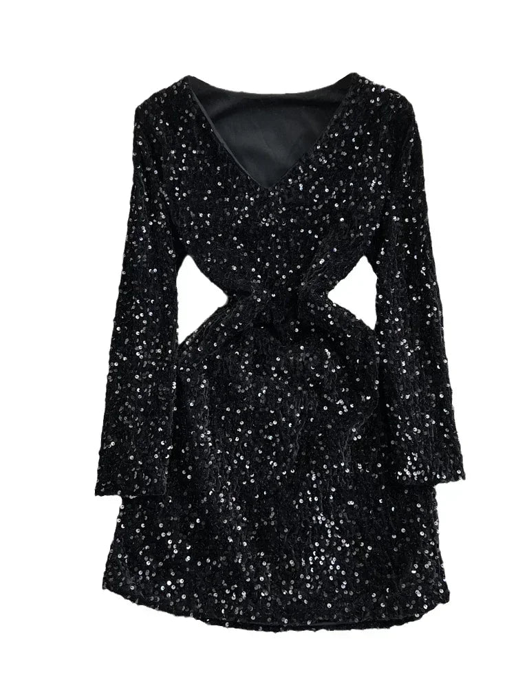 knee length dresses for ladies Galaxy | Black Sequin Turtle-Neck Long-Sleeve Maxi Dress main image 0