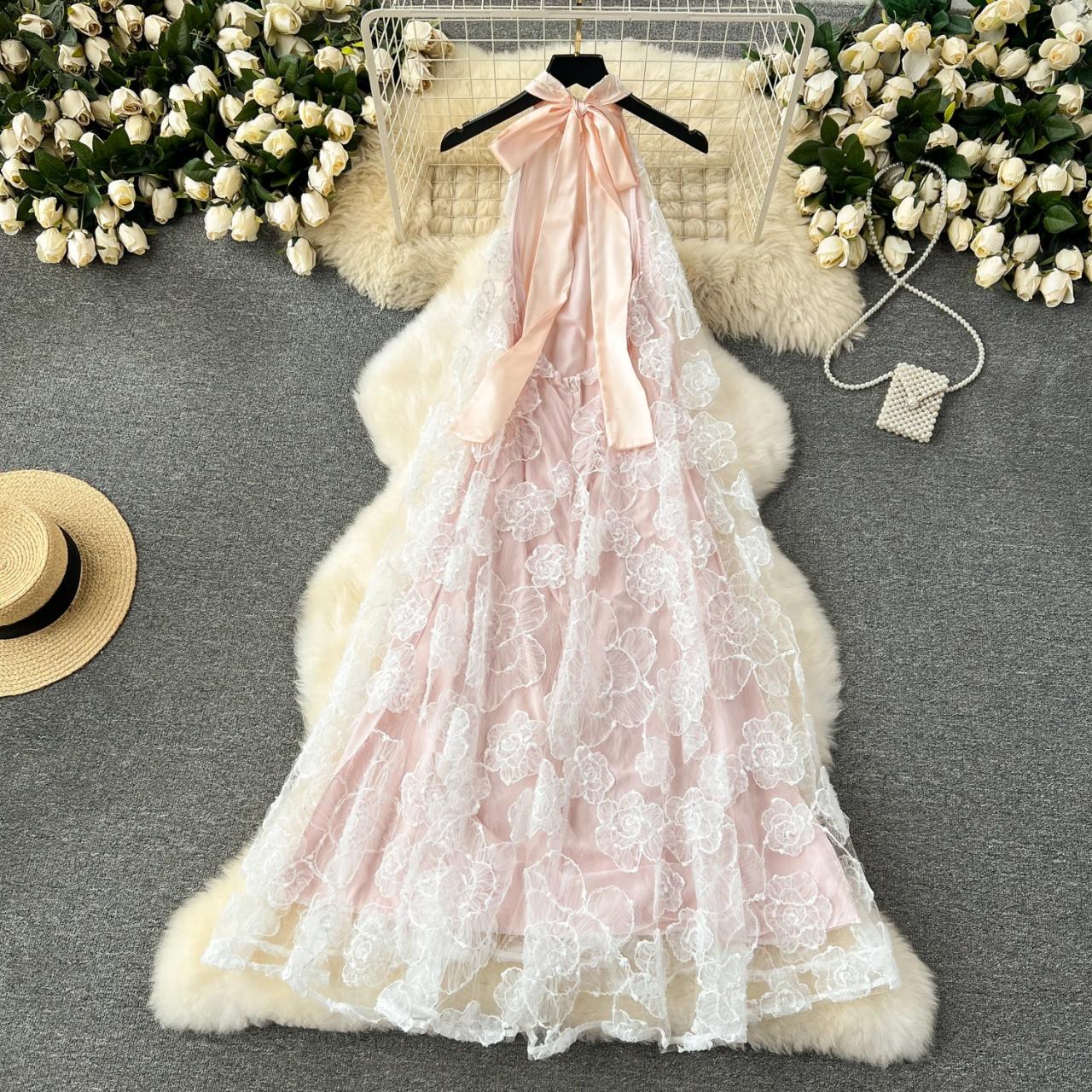 strapless open back dress Styel Pink Textured Halter Midi Dress