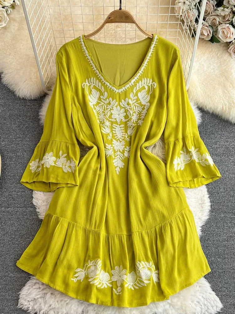 V-neck Yellow Dress With Floral Embroidery Design on Luulla