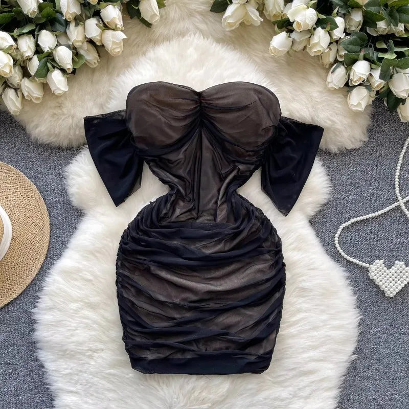 Black Strapless Ruched Mesh Off-shoulder Dress
