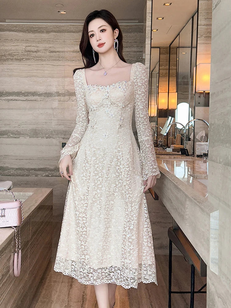 Lace Square-neck Long Sleeve A-line Dress
