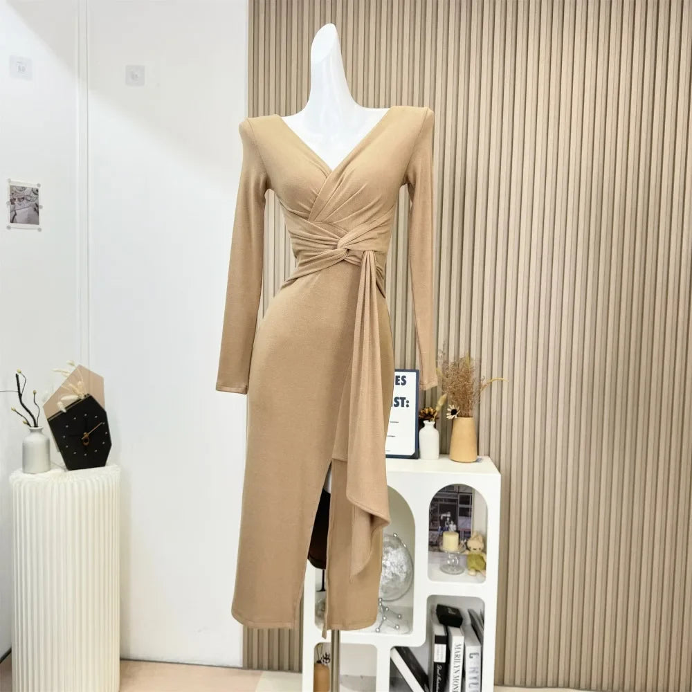 Stylish Beige Long Sleeve Wrap Midi Dress