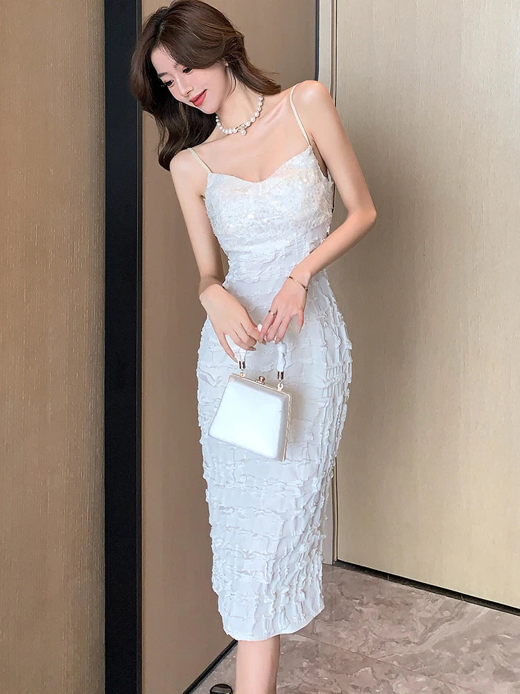 knee length dresses for ladies Wedtrend Women White Boho Flower Sheath Long Party Dress with Lace Spaghetti Straps Midi Dress, White / L main image 1