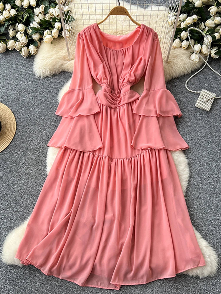 Flowing Pink Dress With Layered Bell Sleeves