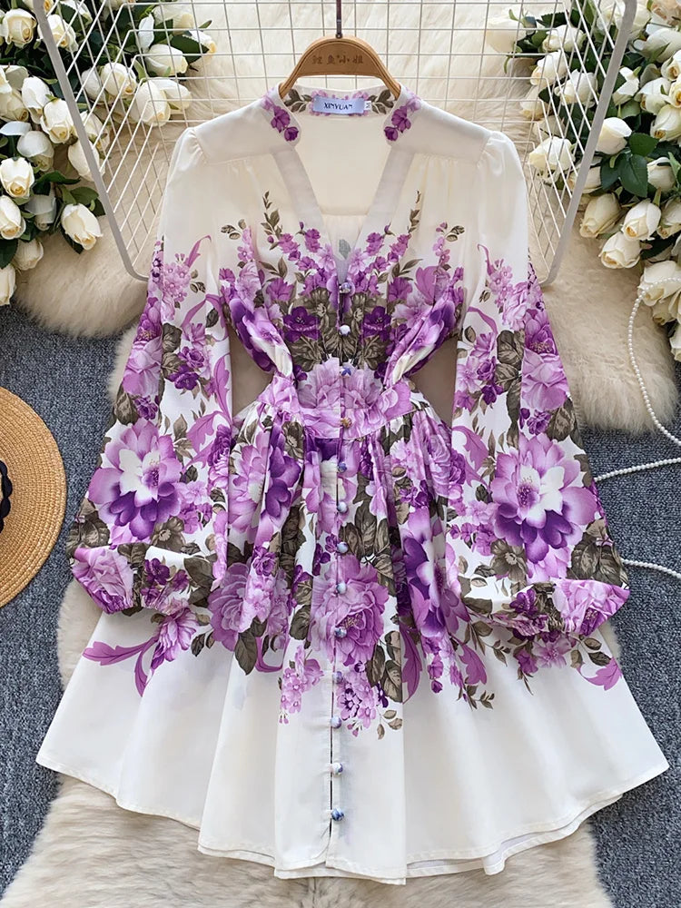 Floral Puff Sleeve Button-Up Chiffon Dress