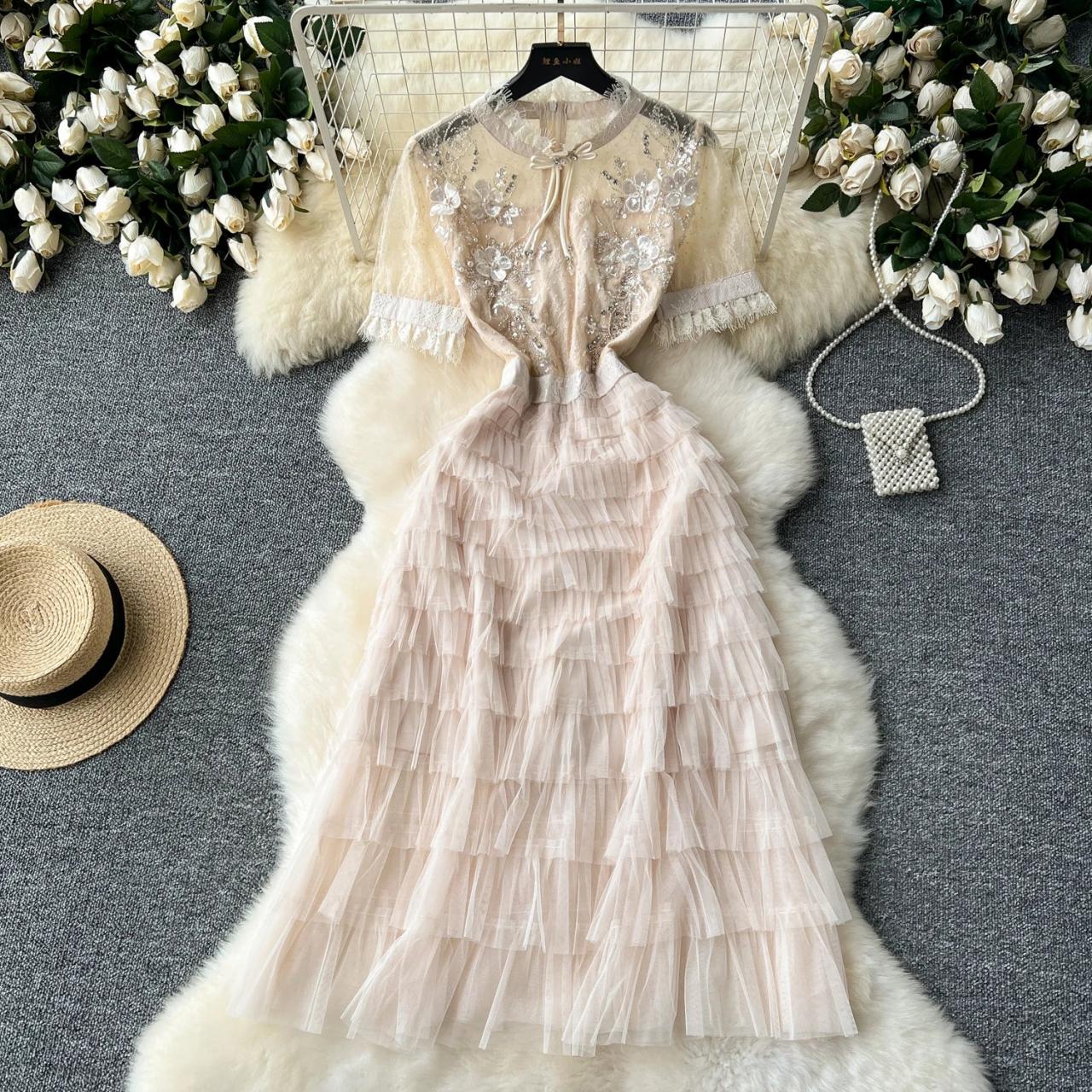 Floral Embroidery White Sheer Embroidered Dress Sheer Floral Embroidered  Dress With Layered Skirt