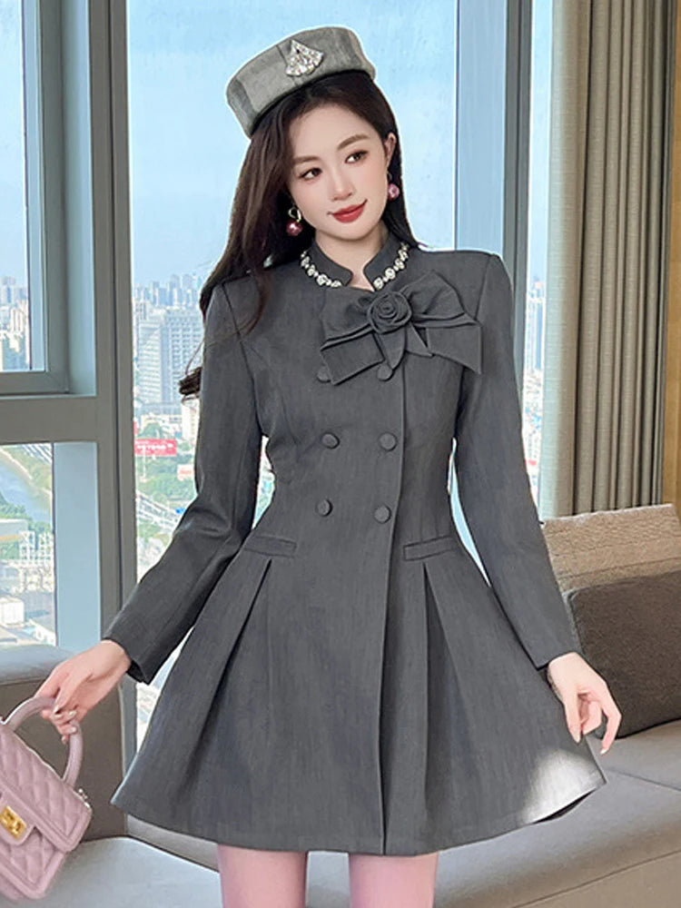 Vintage Gray Double-breasted Dress With Bow Accent