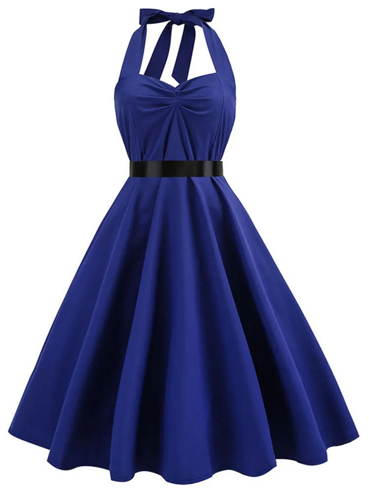 Halter Neck Blue Vintage Swing Evening Dress