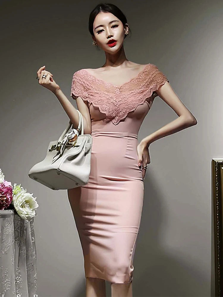 Lace V-neck Bodycon Dress, Soft Pink