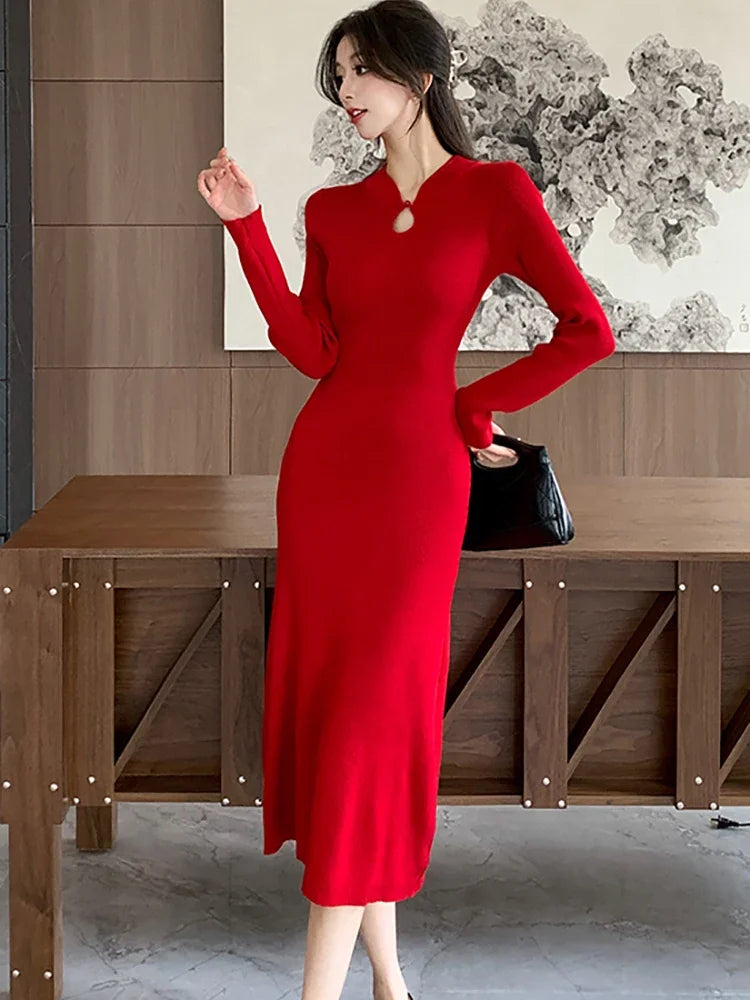 Chic Red Knitted Long-sleeve Midi Dress on Luulla