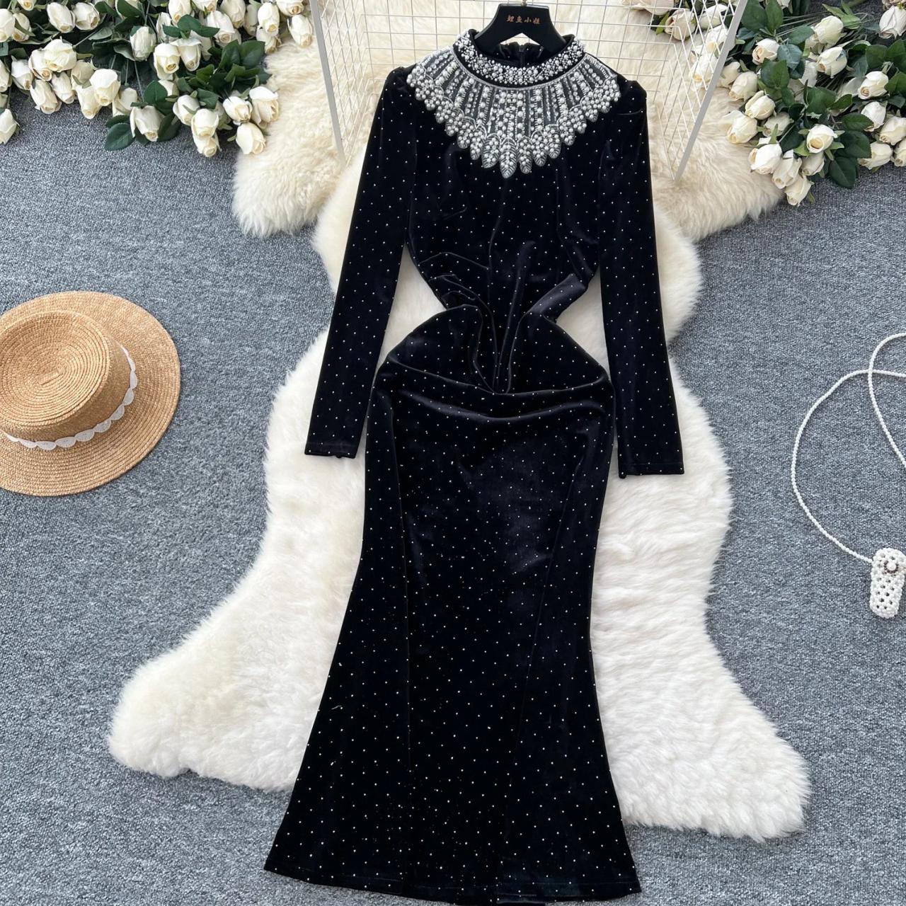 black studded long sleeve dress Long Sleeve Studded Mesh Two Piece Dress Black