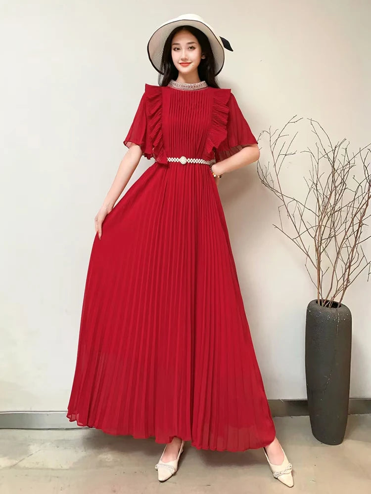 summer pleated dress Elegant Solid Color Pleated Hem Spaghetti Strap Summer Dress for Women   Canary Houze