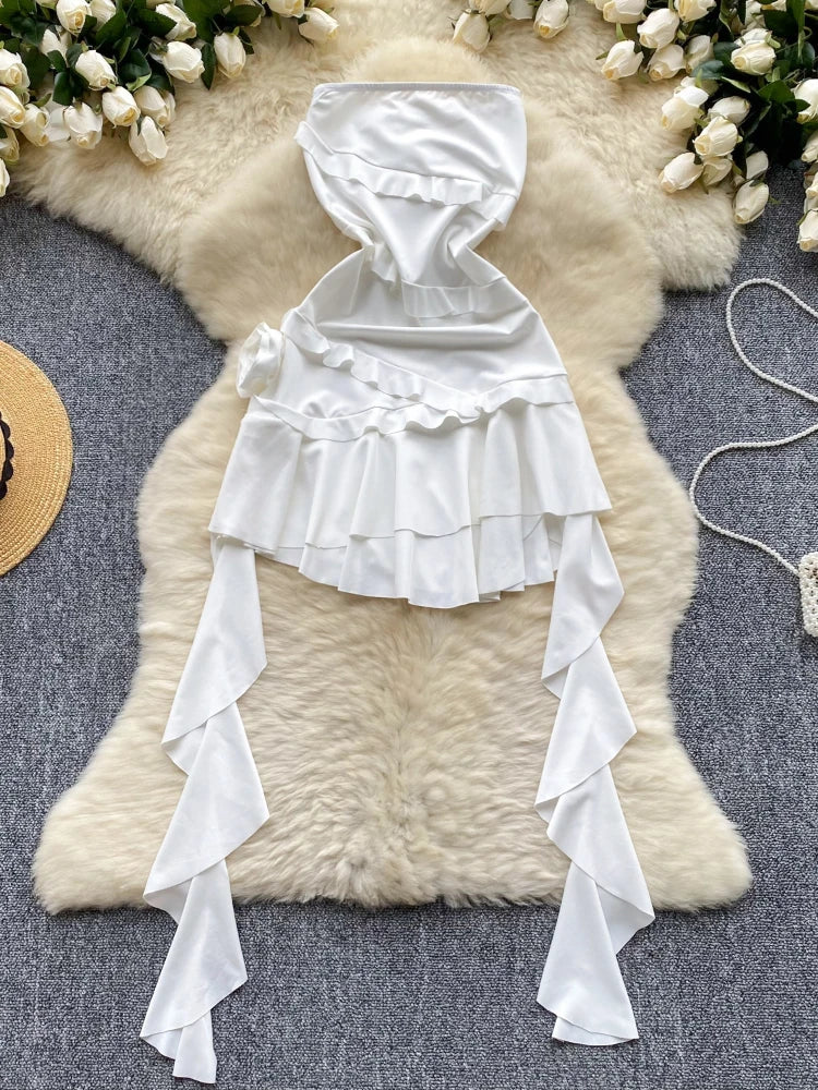 White Strapless Ruffle Layer Dress With Sash on Luulla