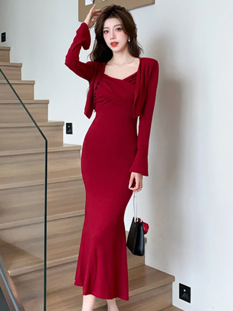 maxi dress with shrug Red Maxi Dress With Matching Shrug Outfit