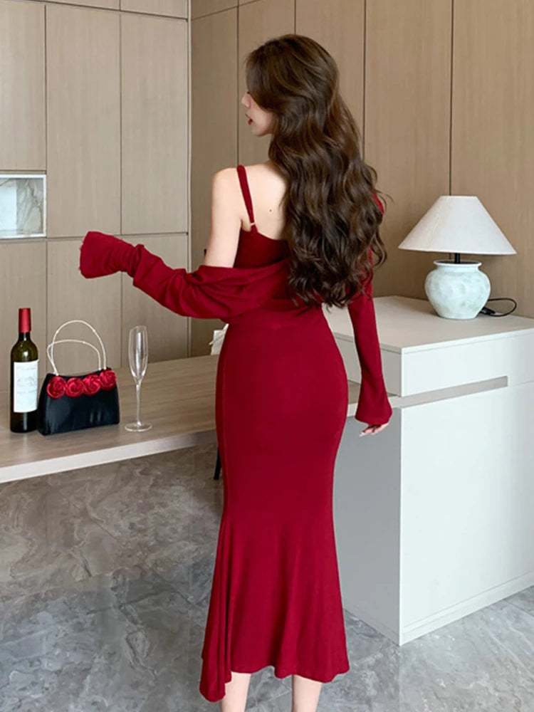 red dress with shrug Chocolate Ribbed Knit Spaghetti Straps Mini Dress + Shrug Jacket