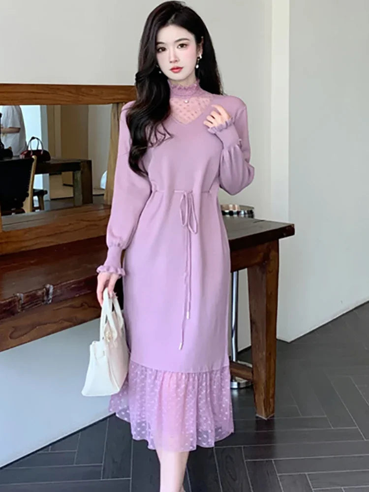 lilac midi dress long sleeve Lavender Christmas Long Sleeve Midi Dress With Pockets, Lilac X-mas Dress,  Plus Size Dress, Holiday Dress, Christmas Midi, Modest Dress