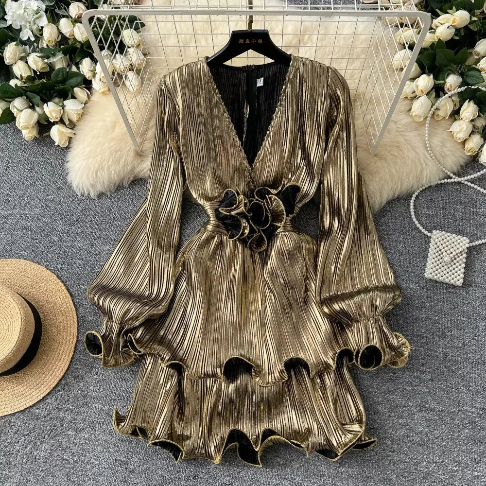 flare sleeve plunge dress Lezure Plunge Long Sleeve Maxi Dress Black main image 0
