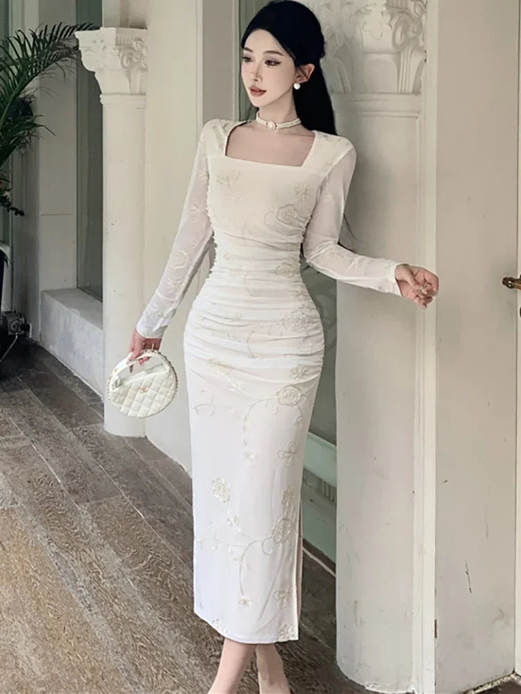 white floral lace bodycon dress Floral Lace Long-sleeve White Bodycon Dress